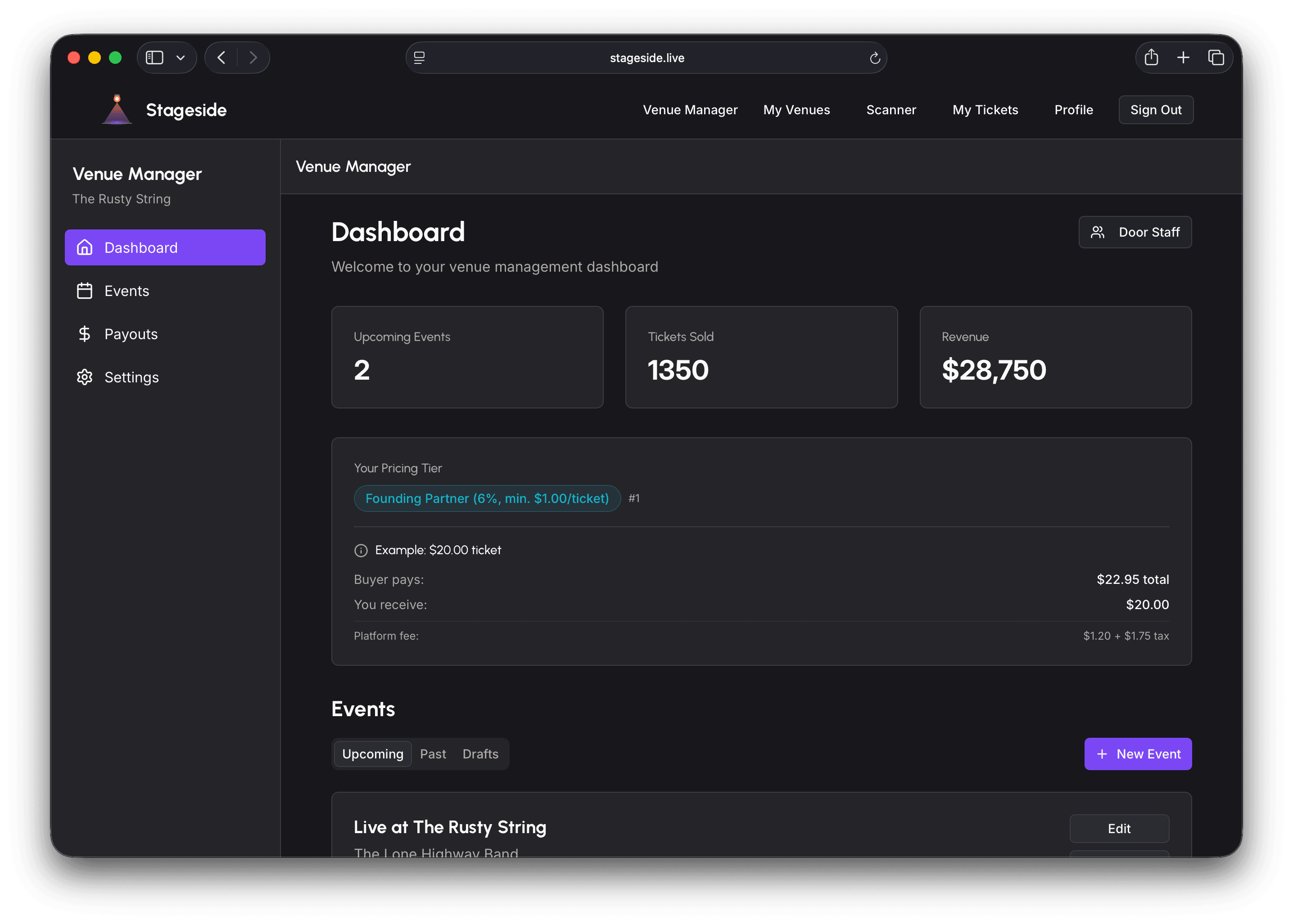 Stageside venue dashboard showing upcoming events, tickets sold, revenue, and pricing tier